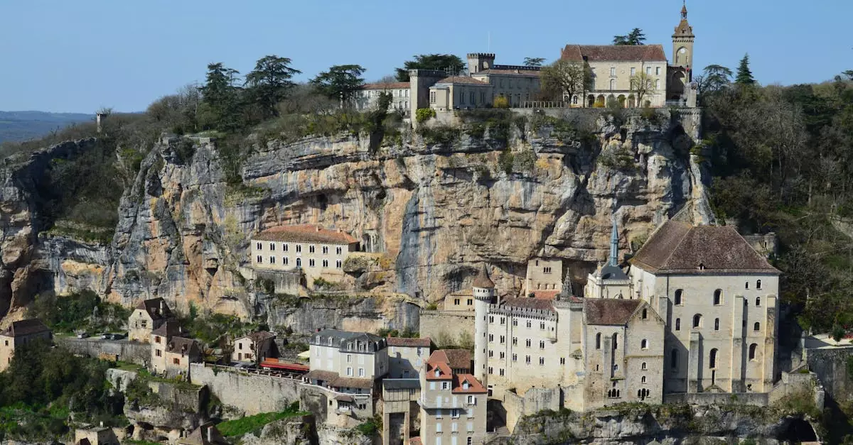 Beautiful view of Rocamadour's cliffside medieval village and castle in France.