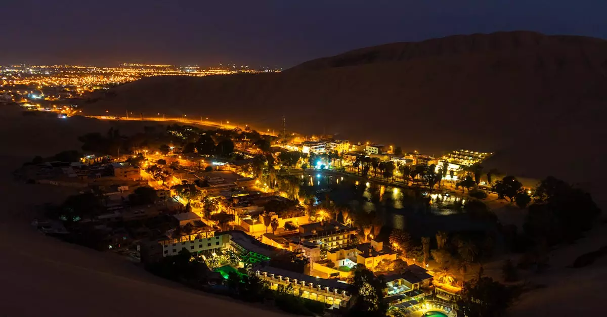 Mesmerizing night aerial view of the illuminated Huacachina oasis surrounded by desert dunes in Ica, Peru.