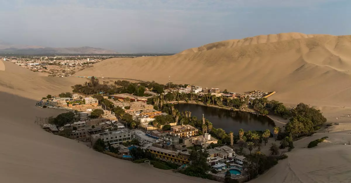 Stunning aerial view of Huacachina oasis surrounded by sand dunes in Ica, Peru.