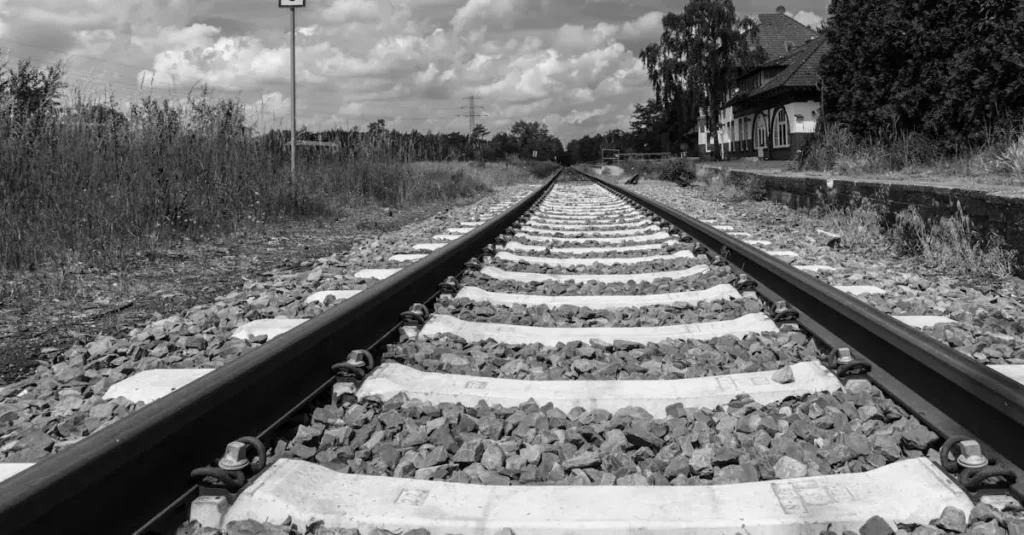 B&W photo of a railway track in rural Geesthacht, Germany.
