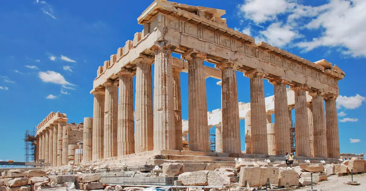Marvel at the iconic Parthenon temple in Athens, Greece, with its ancient columns under a clear blue sky.