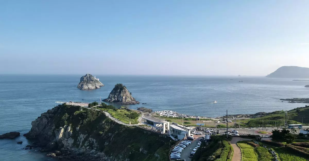 A breathtaking aerial view of Oryukdo Island in Busan, South Korea, showcasing the scenic coastline.