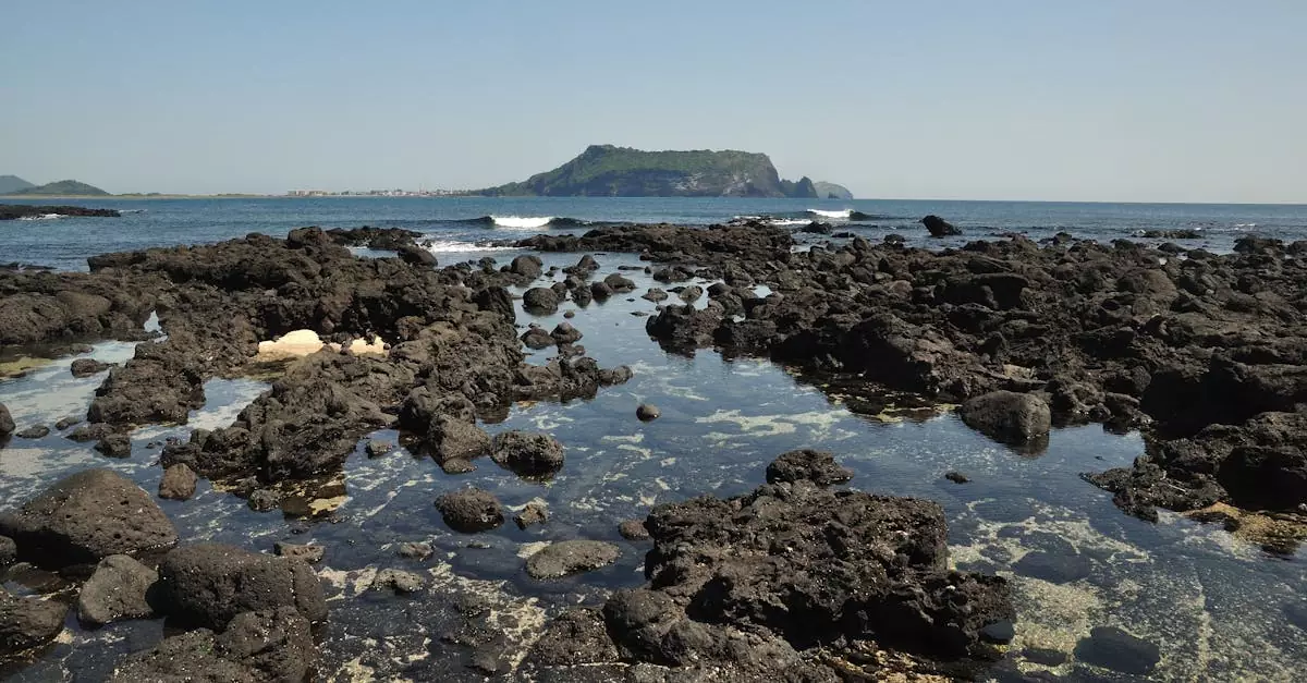 Scenic view of rugged black volcanic rocks along the coast of Jeju Island, South Korea.