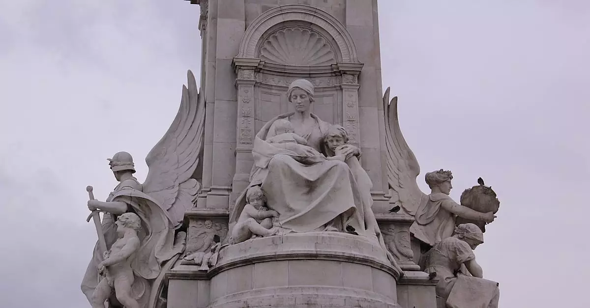 Detailed view of Victorian sculpture at Buckingham Palace, London.