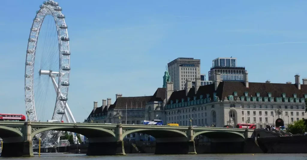 Surprising Things to Do in London: Beyond the Icons 2 A scenic view of the London Eye and River Thames with historic architecture and clear sky.