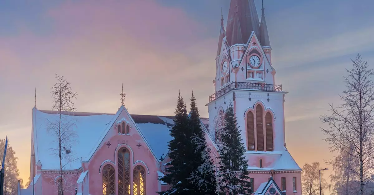 A stunning view of Kemi Church during a winter sunset in Lappi, Finland.