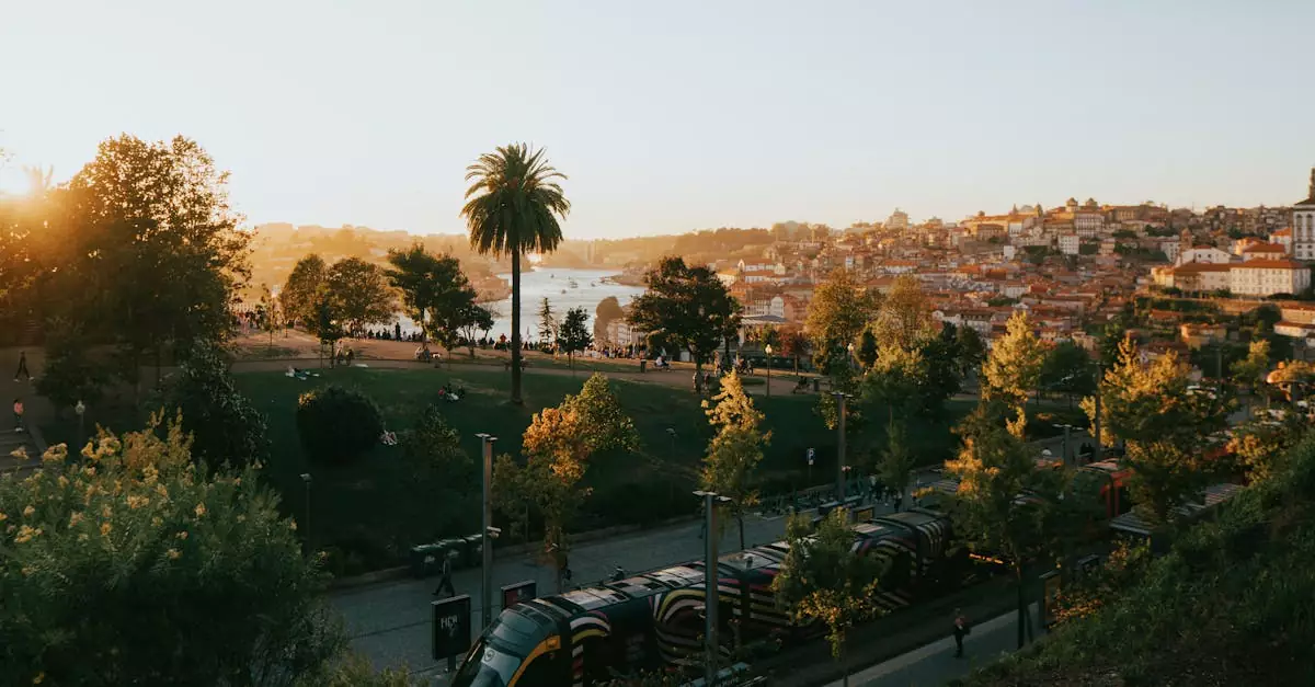 Aerial view of Porto, Portugal during sunset with lush greenery, cityscape, and a tram in the foreground.
