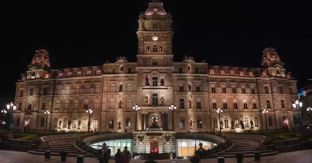 Stunning night view of the Quebec Parliament Building beautifully lit and ornamented.