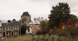 Charming view of Quebec City's architecture and trees in autumn.