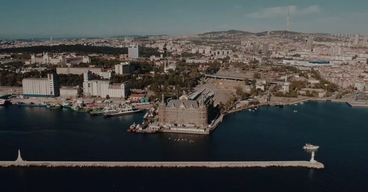 Stunning aerial shot of Istanbul's coastline featuring iconic architecture, cityscape, and the Bosphorus.