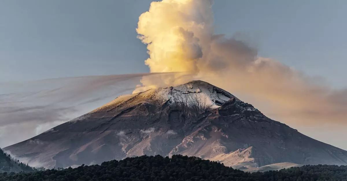 A stunning view of a volcano erupting at sunset, surrounded by lush forests and a fiery sky.