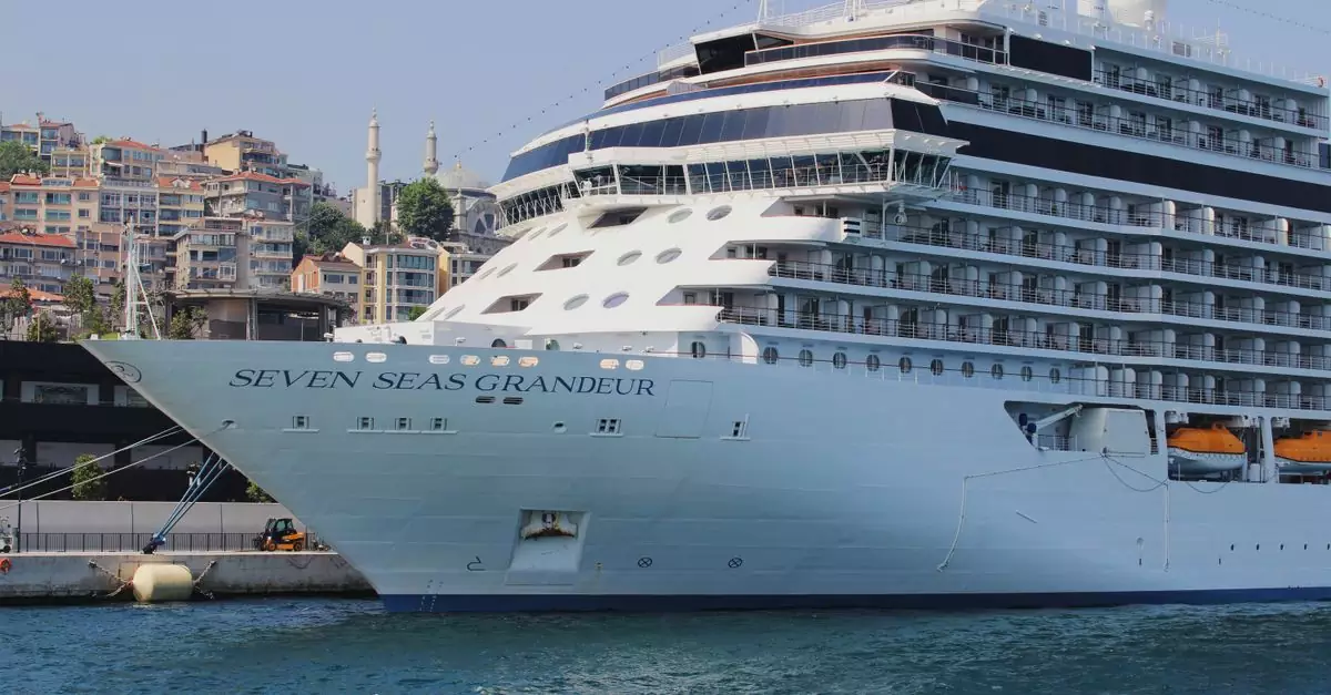 A majestic cruise ship moored in the scenic harbor of Istanbul with cityscape in the background.