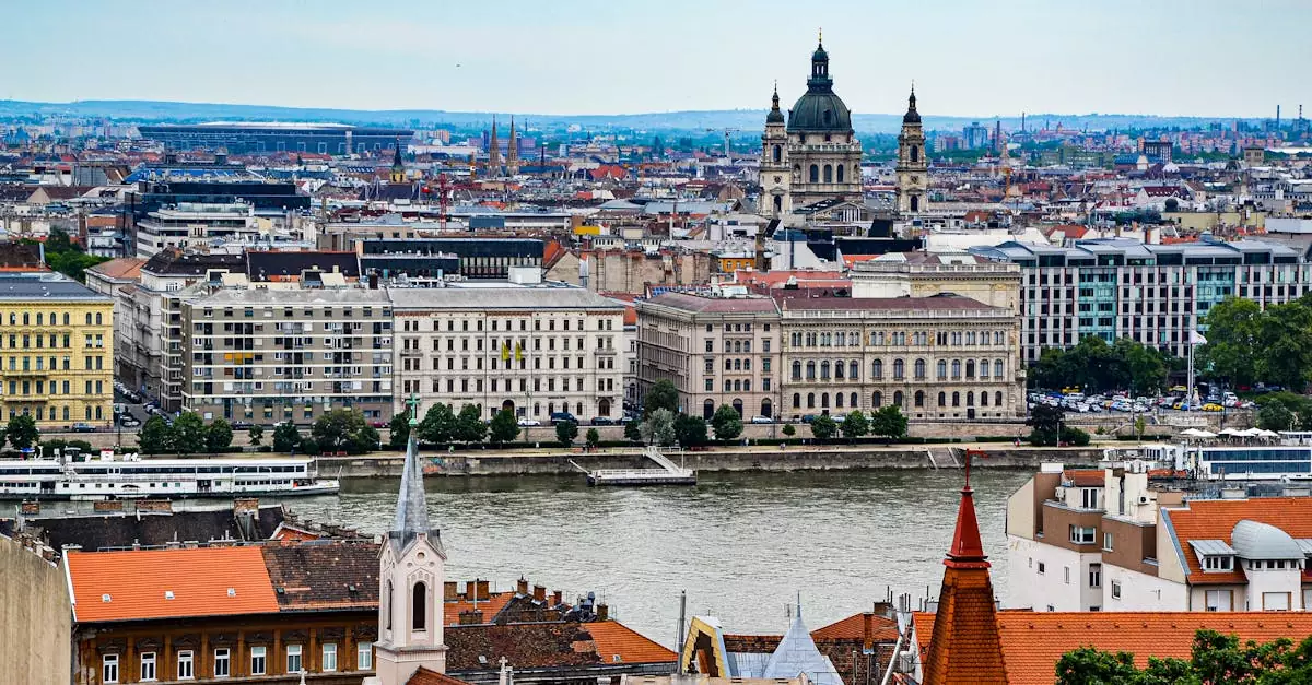 Stunning view of Budapest cityscape featuring historic architecture along the Danube River.