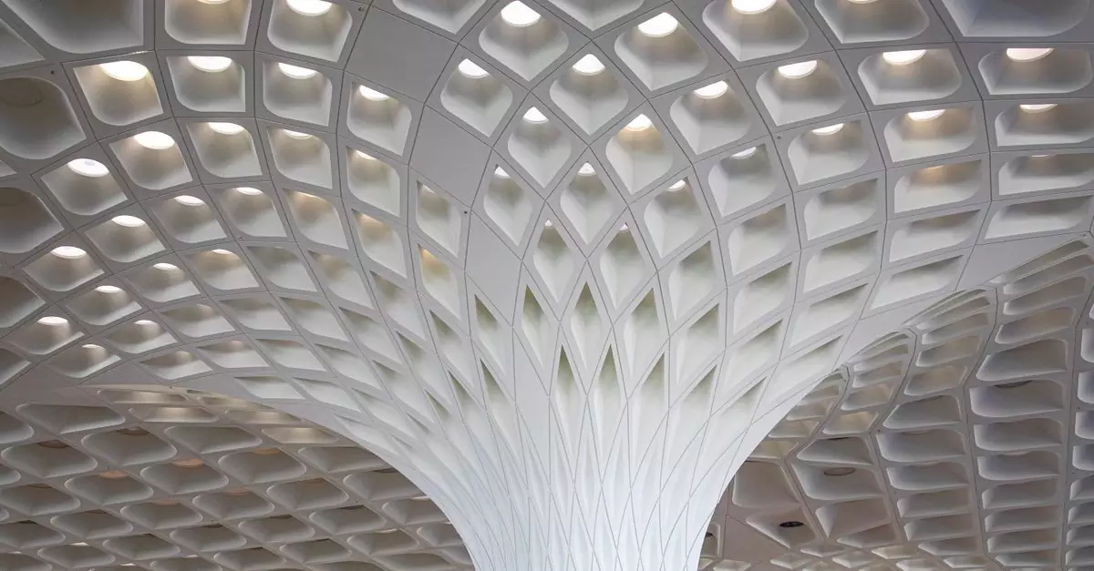 Intricate modern ceiling design at Mumbai Airport showcasing architectural excellence.