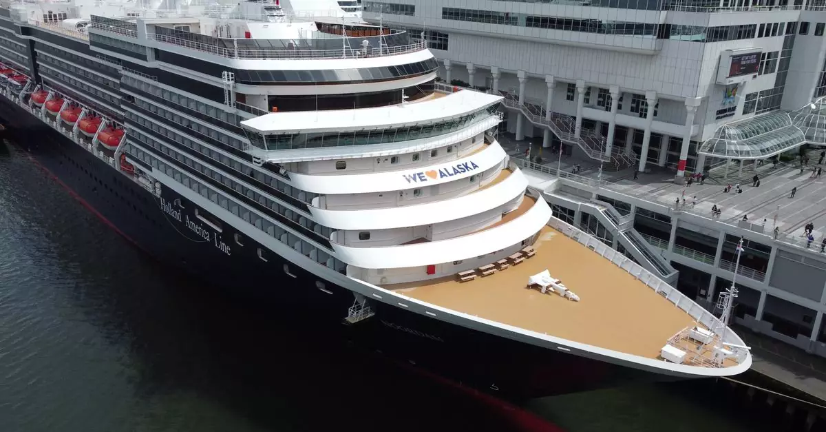 Aerial shot of a docked Holland America cruise ship, showcasing its majestic design and port architecture.