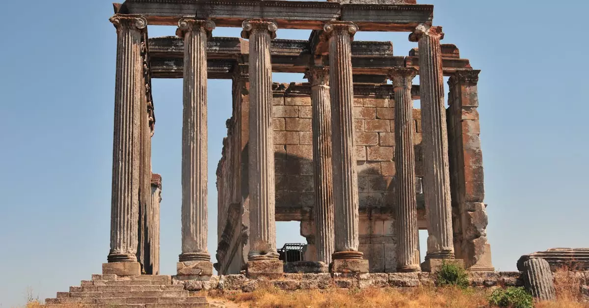 Explore majestic ancient Greek ruins with towering columns under clear skies.