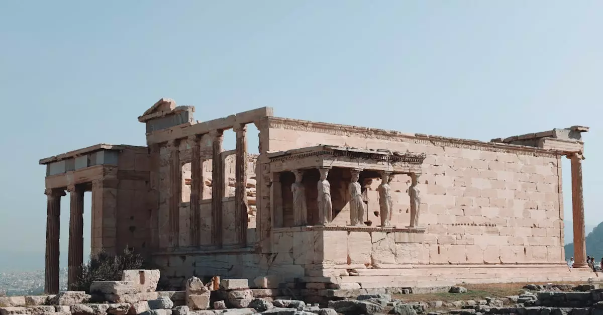Erechtheion Temple on the Acropolis in Athens, Greece, showcasing ancient Greek architecture.