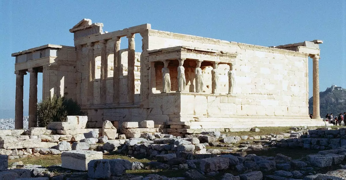 Ancient Erechtheion Temple with caryatids on the Acropolis in Athens, Greece.