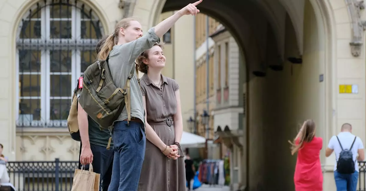 Group of travelers exploring a historic city landmark with enthusiasm and curiosity.
