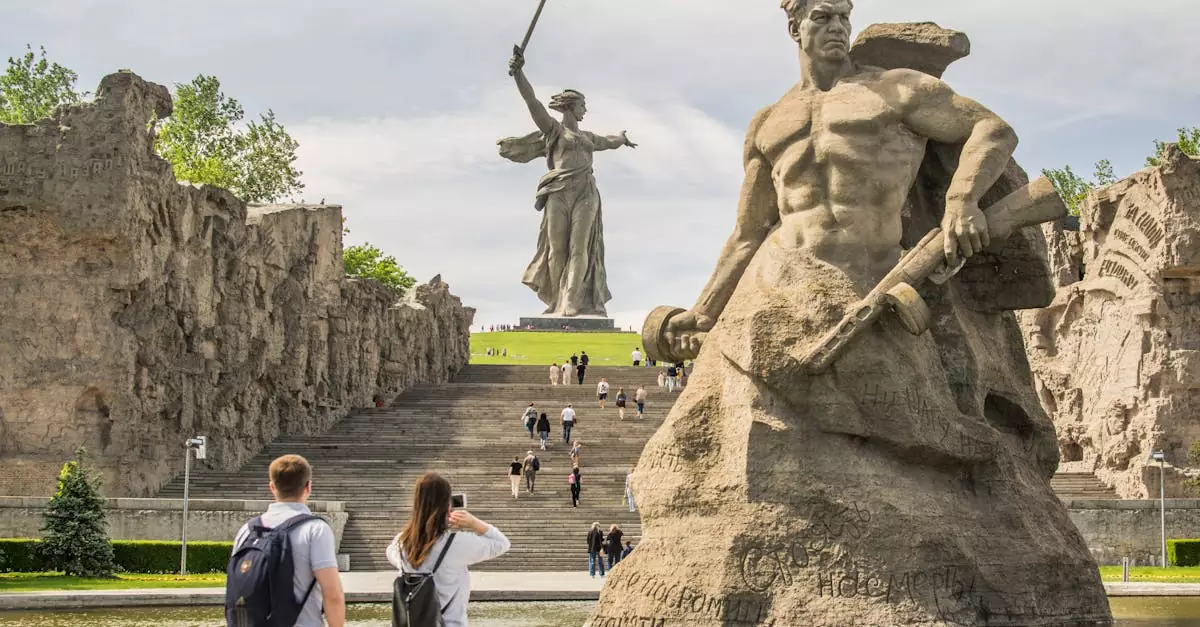 The Motherland Calls statue, a prominent monument in Volgograd, Russia, captured from the front.