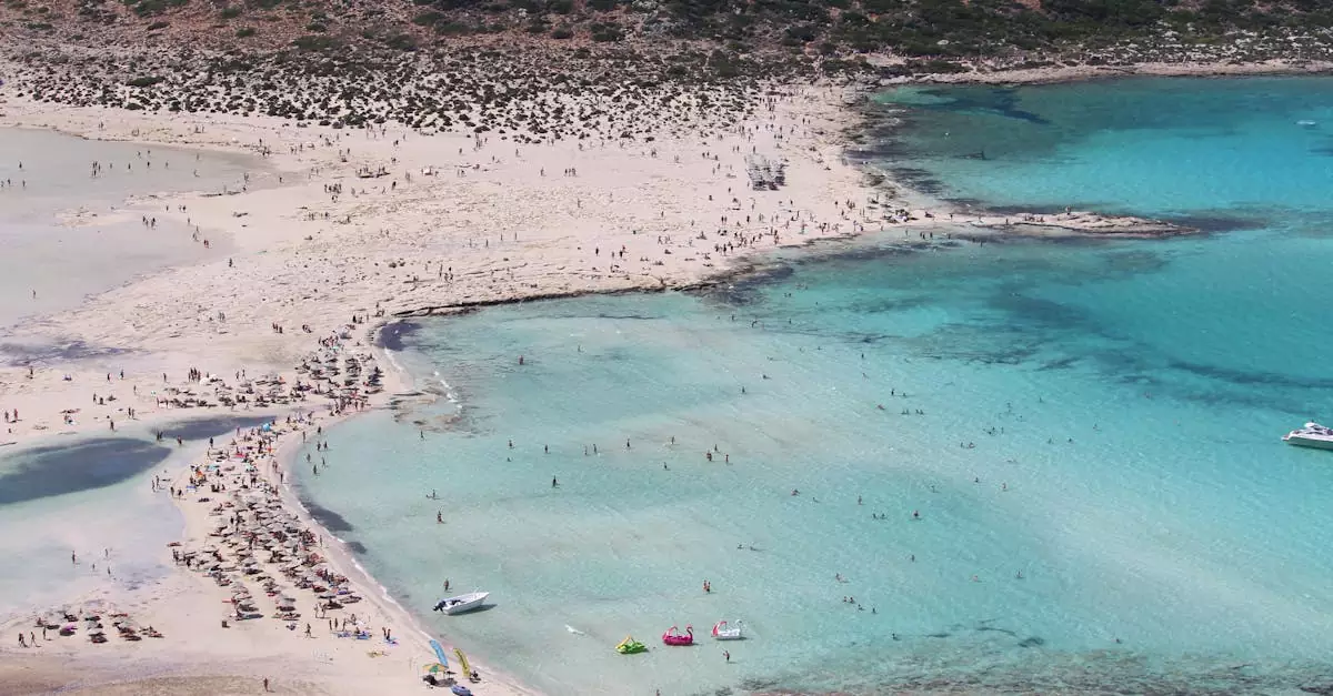 A breathtaking aerial view of Balos Beach in Crete, showcasing its turquoise waters and sandy shores.