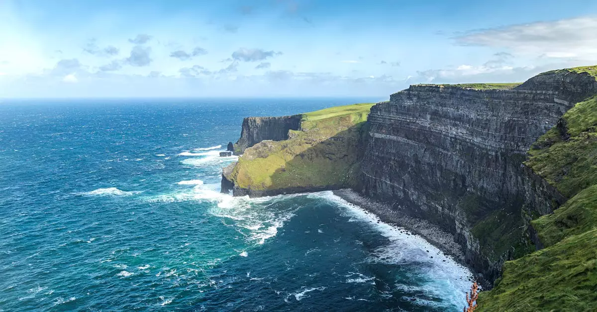Breathtaking view of the Cliffs of Moher in Ireland with blue ocean waves crashing against the rocky shore.