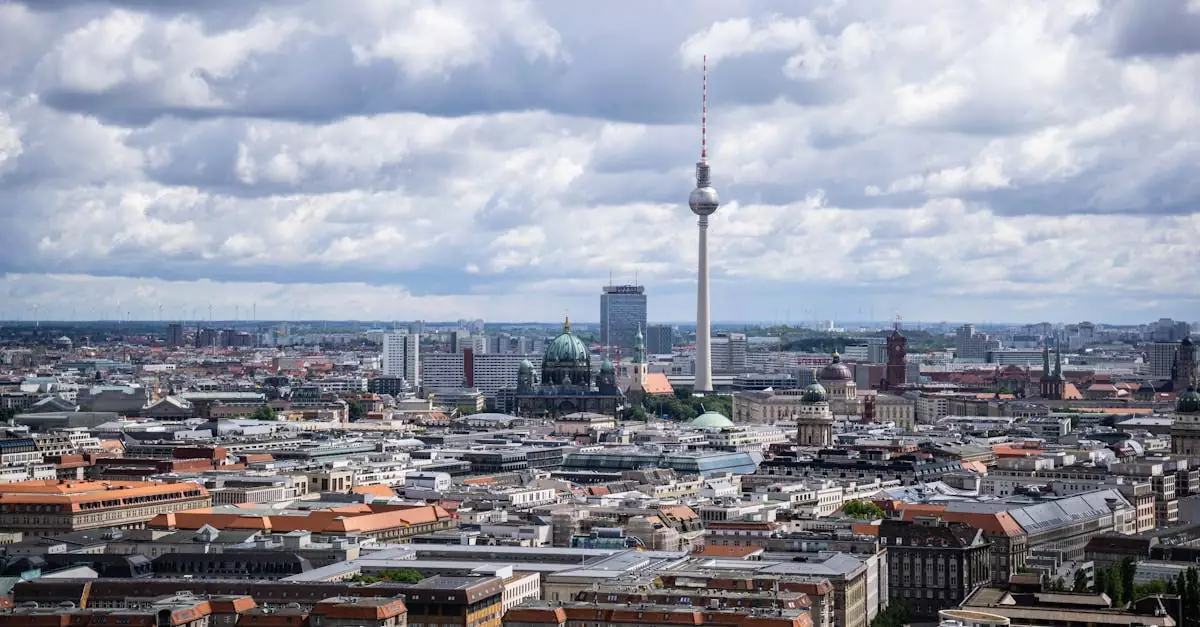 A stunning aerial view of Berlin's cityscape showcasing the iconic TV tower and modern architecture.