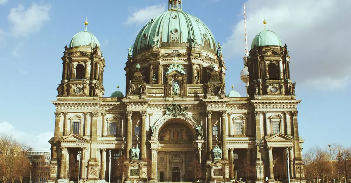 A beautiful capture of the Berlin Cathedral showcasing its architectural grandeur against a vibrant sky.