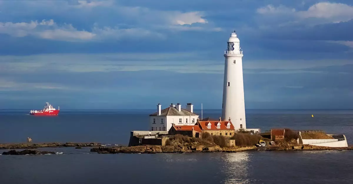 Captivating view of St. Mary's Lighthouse standing majestically by the North Sea.