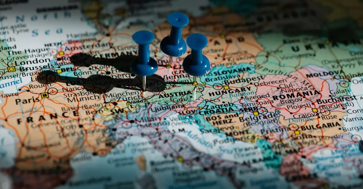 Detailed close-up of a European map with blue pushpins marking important locations.