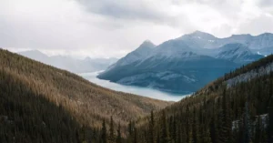 Breathtaking view of Jasper National Park with alpine mountains and lake, Alberta, Canada.