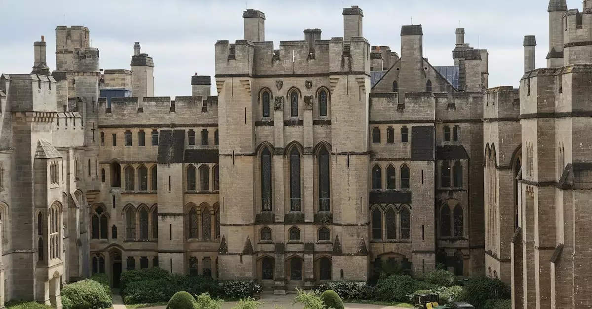 Majestic castle facade in England showcasing medieval architecture under a cloudy sky.