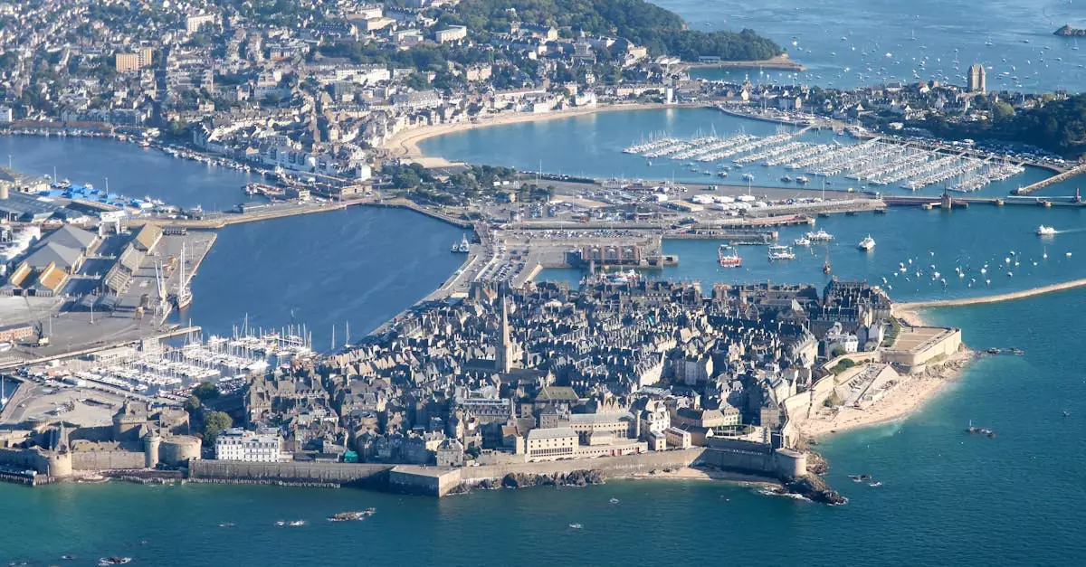 Explore the stunning aerial view of the fortified city of Saint-Malo in Brittany, France.