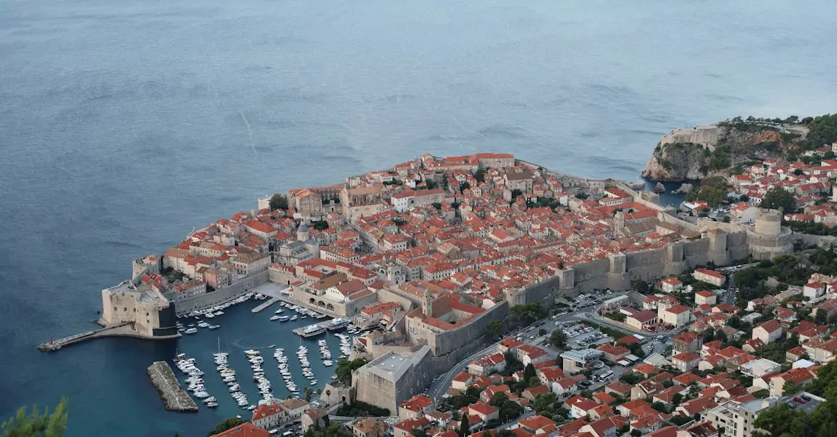 Stunning aerial photograph showcasing the picturesque Dubrovnik Old Town and Adriatic Sea.