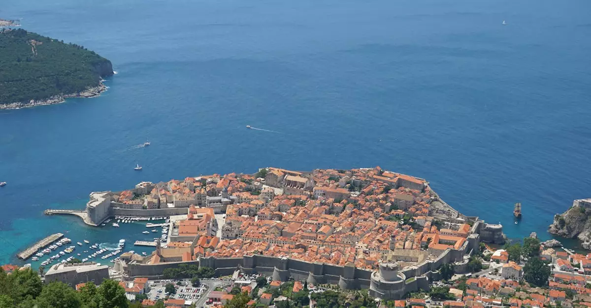 Stunning aerial view of Dubrovnik's walled Old Town by the Adriatic Sea.
