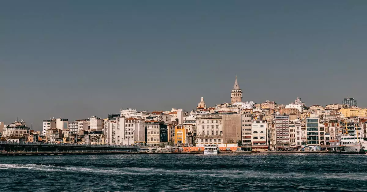 Rippling water of Bosphorus bay with Galata bridge and residential buildings with tower on background in Istanbul city against blue sky