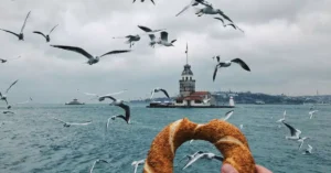 A hand holding a simit with seagulls and Maiden's Tower in the background, Istanbul.