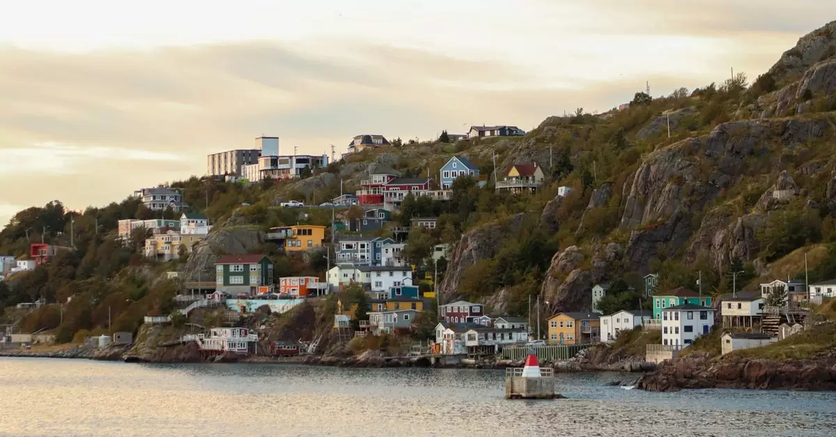 Charming multicolored coastal houses in St. John's overlooking the ocean during twilight.