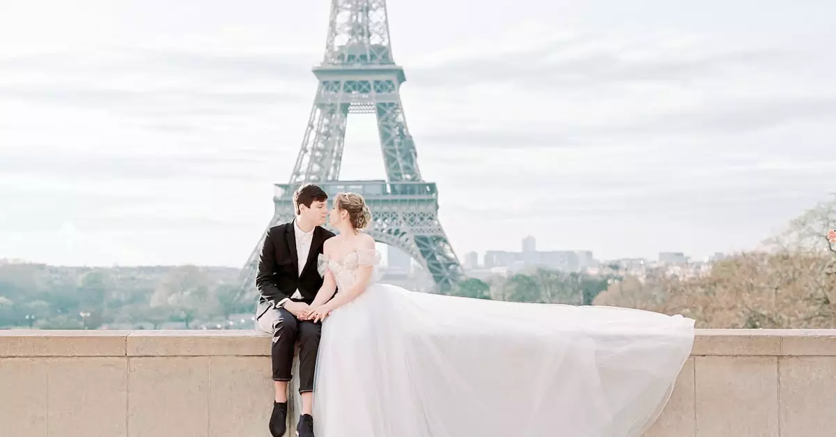 A romantic couple in wedding attire sitting by the Eiffel Tower in Paris, capturing timeless love.