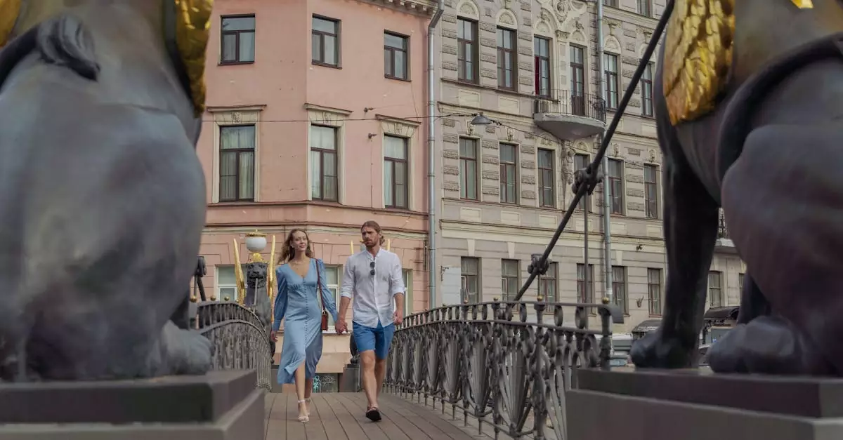 Young couple holding hands walking on a picturesque bridge in Saint Petersburg.