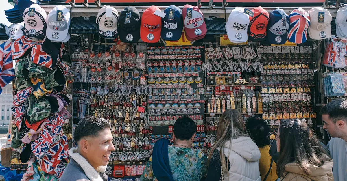 Colorful souvenir stall in London with tourists shopping for hats and memorabilia.