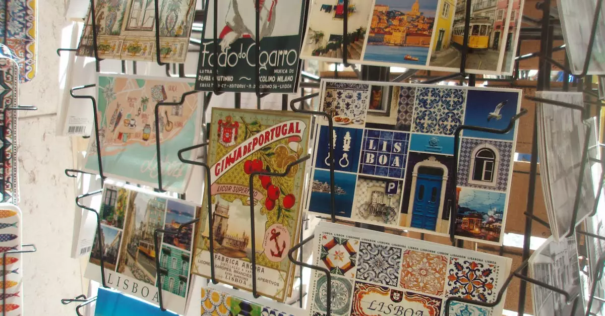 Vibrant postcards display Lisbon's famous tiles and landmarks, capturing the city's essence.