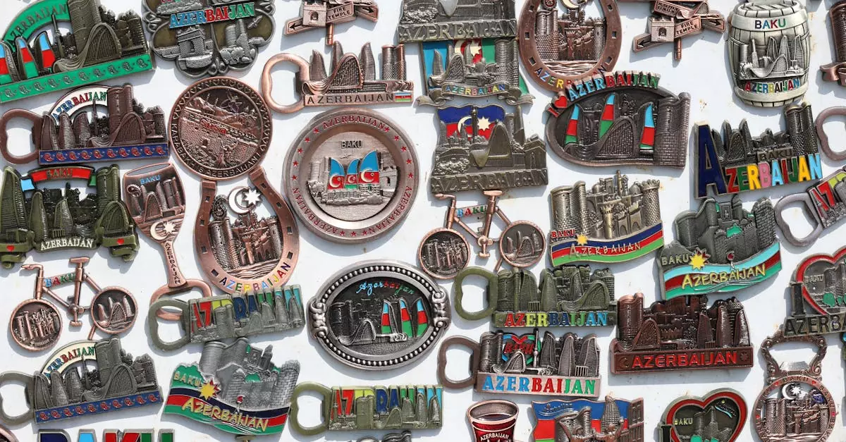 A vibrant collection of Azerbaijan-themed souvenirs featuring landmarks.