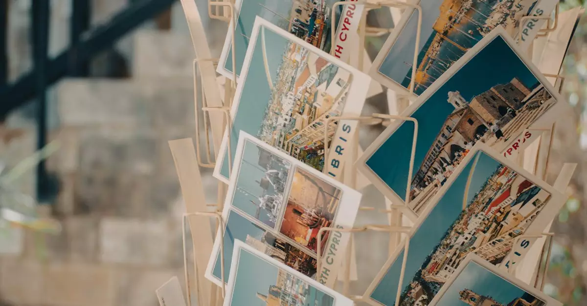 Rack of vibrant Cyprus postcards showcasing scenic views and landmarks.