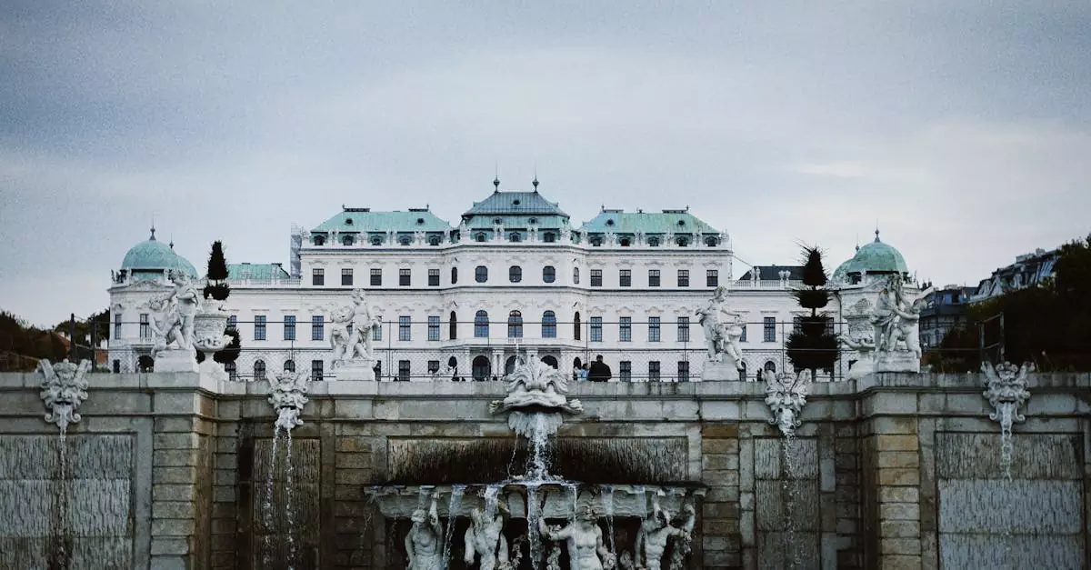 Elegant view of Vienna's Belvedere Palace and fountain showcasing Baroque architecture.