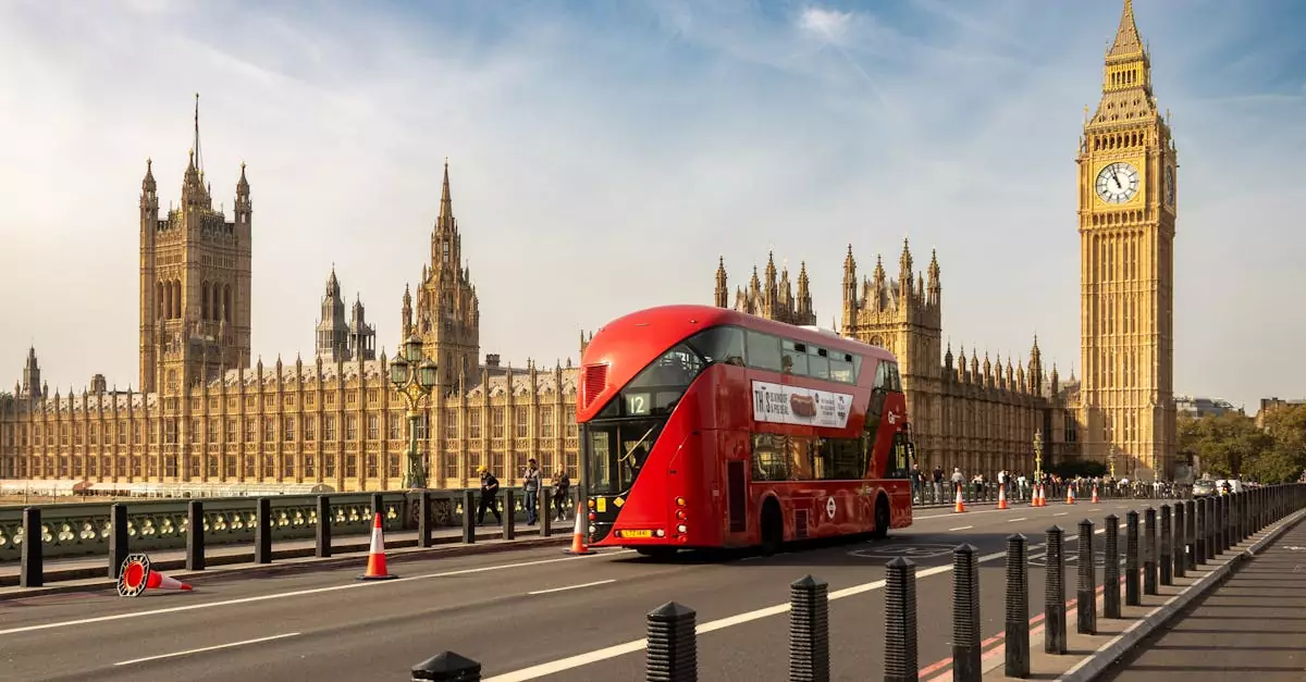 Classic red double-decker bus passing Elizabeth Tower in London. Perfect for travel and cityscape themes.