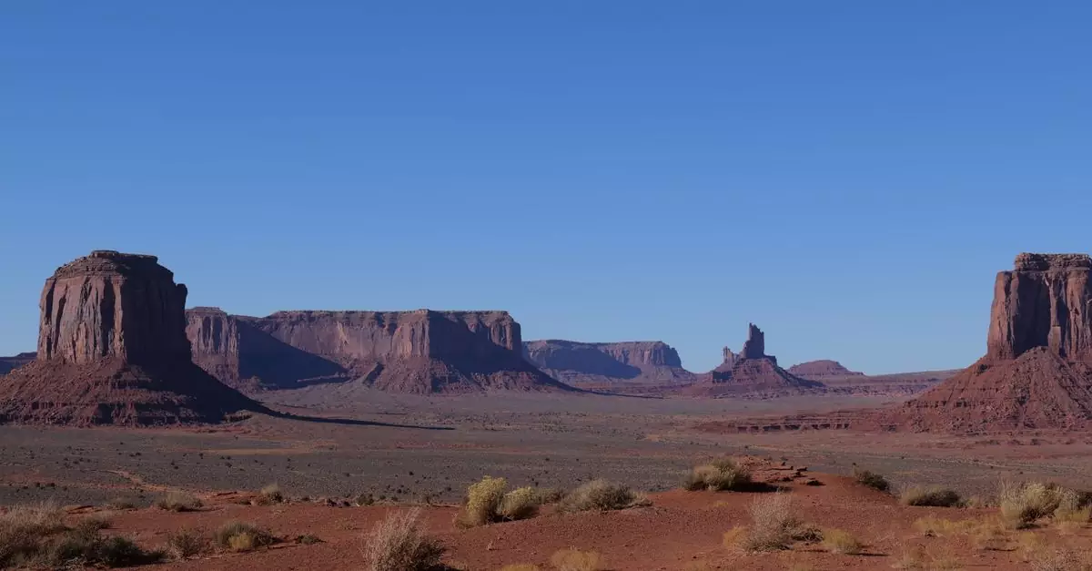 Breathtaking view of Monument Valley's iconic rock formations under a clear blue sky, capturing the essence of the American Southwest.