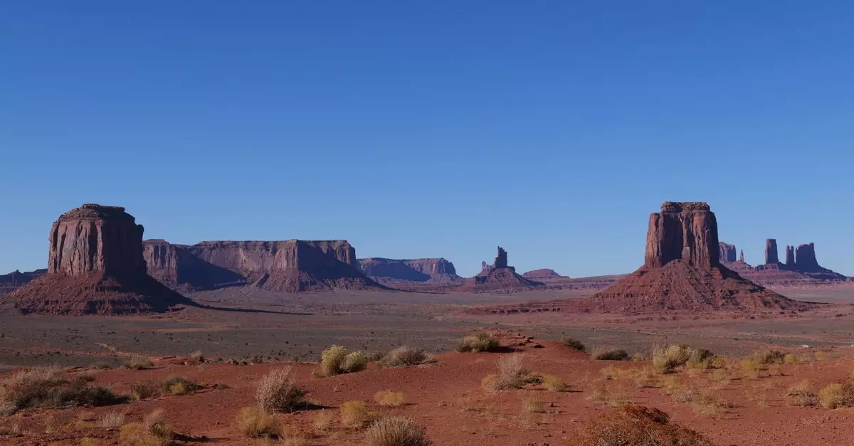 Breathtaking landscape of Monument Valley's iconic buttes and mesas under a clear blue sky.