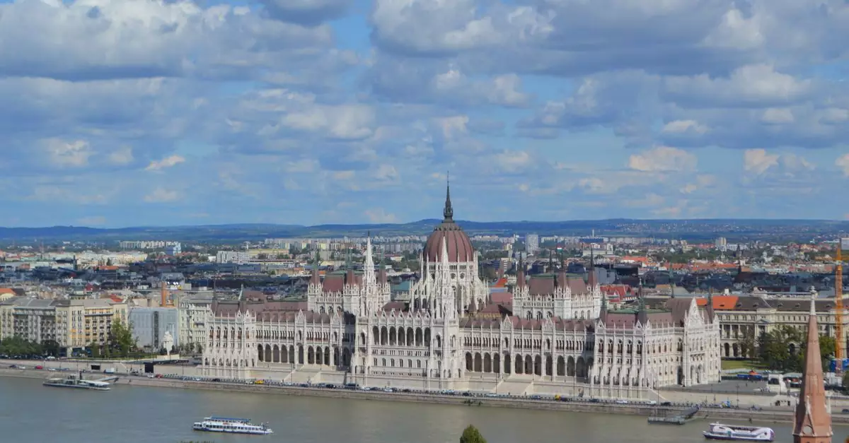 Aerial view of the iconic Hungarian Parliament Building on the Danube River in Budapest.