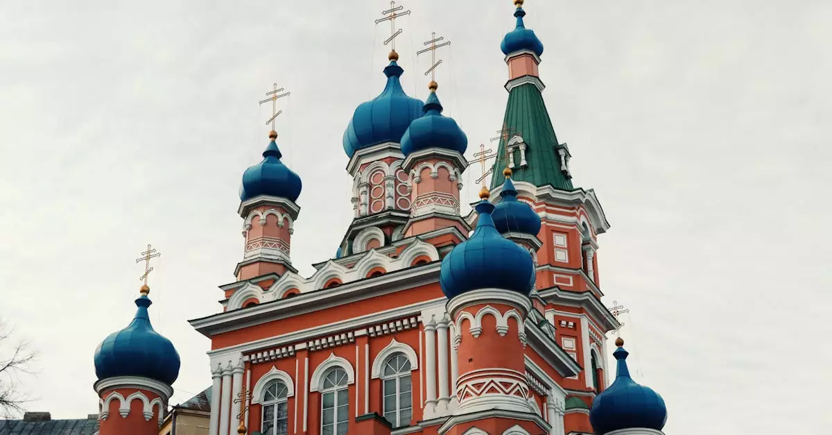 Stunning view of Riga's Holy Trinity Orthodox Church with vibrant onion domes.